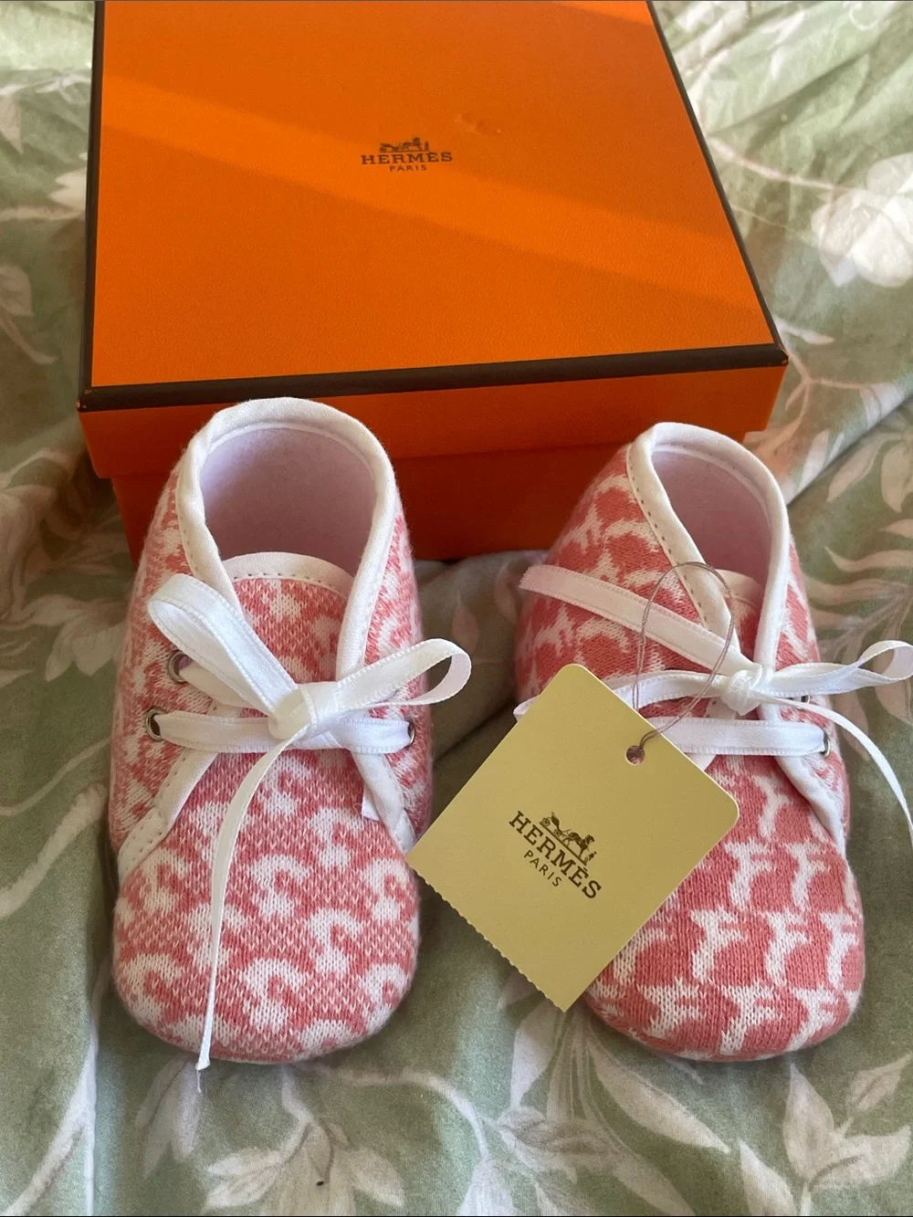 Hermès Orange White Houndstooth Baby First Shoes Walker Booties Unworn Japan
